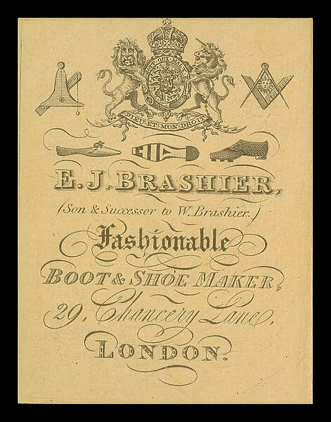 Trade card for E J Brashier, boot and shoe maker, London (engraving)