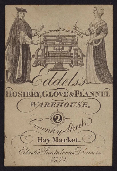 Trade card for Eddelss Hosiery, Glove and Flannel Warehouse, London (engraving)