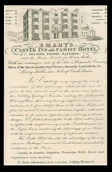 Trade card of Emary's Castle Inn and Family Hotel, Seaside Priory, Hastings (engraving)