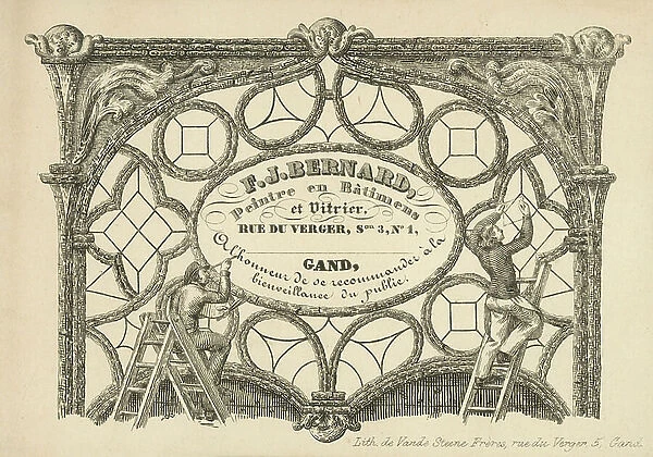 Trade card for F J Bernard, painter and glazier, Ghent (engraving)