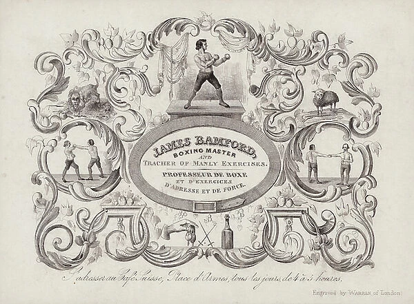 Trade card for James Bamford, boxing master (engraving)