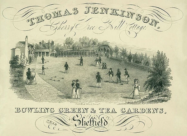 Trade card for Thomas Jenkinson, bowling green and tea gardens, Sheffield (engraving)