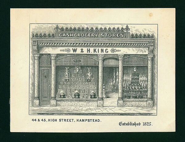 Trade card for W & H King cash grocery stores, Hampstead (engraving)