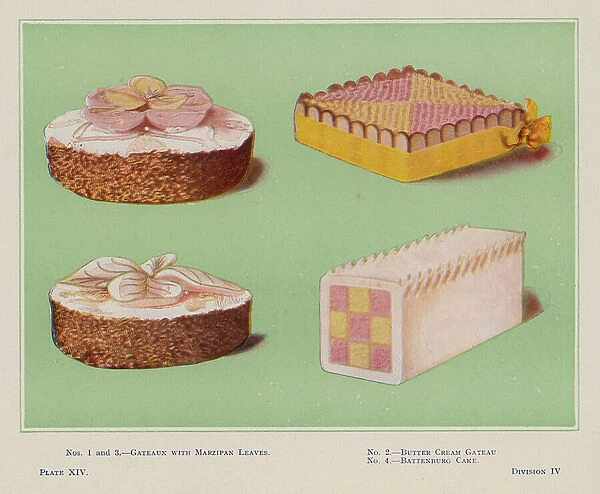 Trade's Cake Book: Gateaux with Marzipan Leaves; Butter Cream Gateau; Battenburg Cake (coloured photo)