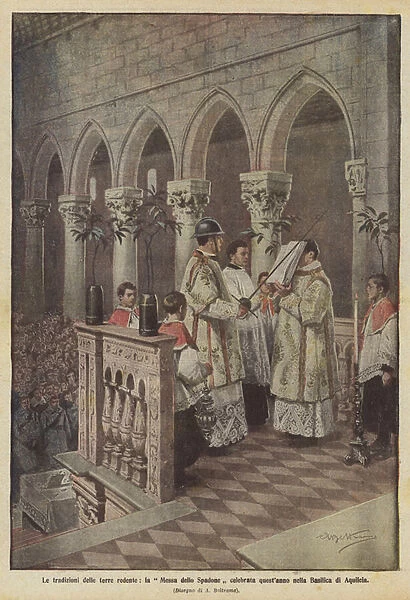The traditions of the redeemed lands, the Broadsword Mass celebrated this year in the Basilica of Aquileia (colour litho)