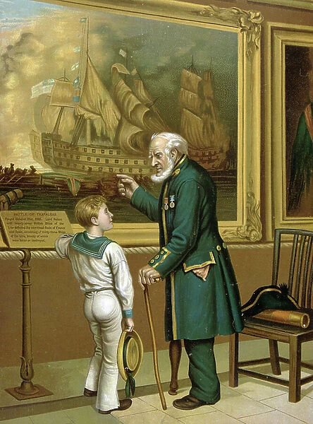 It was in Trafalgar Bay, a veteran explaining a painting to a young boy, c.1880 (colour litho)