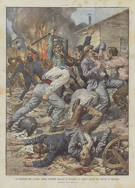 The Tragedies of Work, Italian Workers Assaulted in Hungary by Workers for Professional Jealousy (Colour Litho)