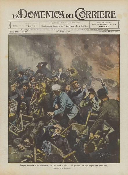 Tragic fire in a movie theater that cost the lives of 183 people, the agonizing escape of the crowd (Colour Litho)