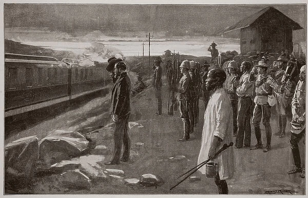 The train conveying the remains of Mr. Rhodes saluted by the Blockhouse guards on its way