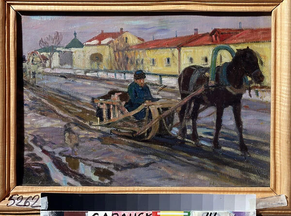 Traineau a cheval (Sleigh Ride). Dans la rue d un village russe, en hiver, un homme conduit un attelage. Peinture de Alexei Mikhaylovich Korin (Korine) (1865-1923), huile sur toile, 1910. Art russe, debut 20e siecle. State S