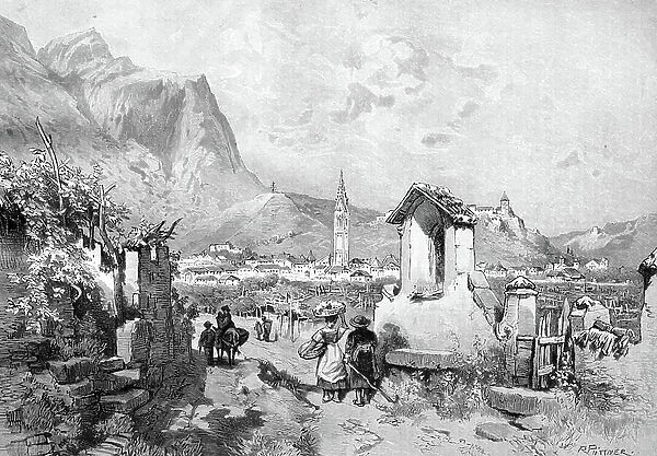 Tramin, province of Bolzano-Bozen, Italy, historical illustration, wood engraving, about 1888