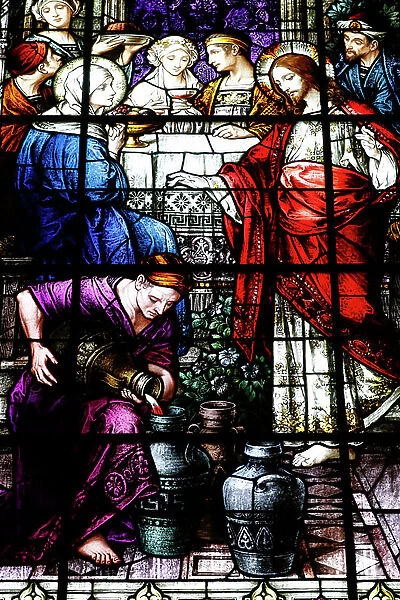 The transformation of water into wine at the Marriage at Cana, c1920 (stained glass)