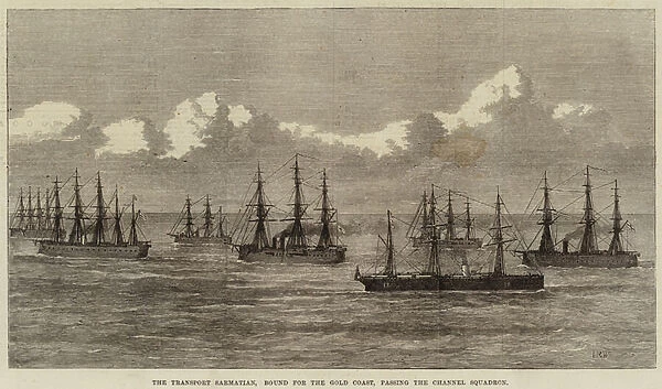 The Transport Sarmatian, bound for the Gold Coast, passing the Channel Squadron (engraving)