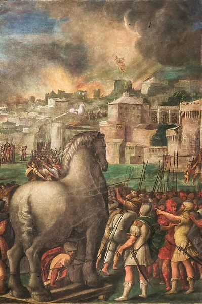 The transportation of the horse under the walls of Troy from Aeneid, Canto II, detail of 2384651 (fresco)