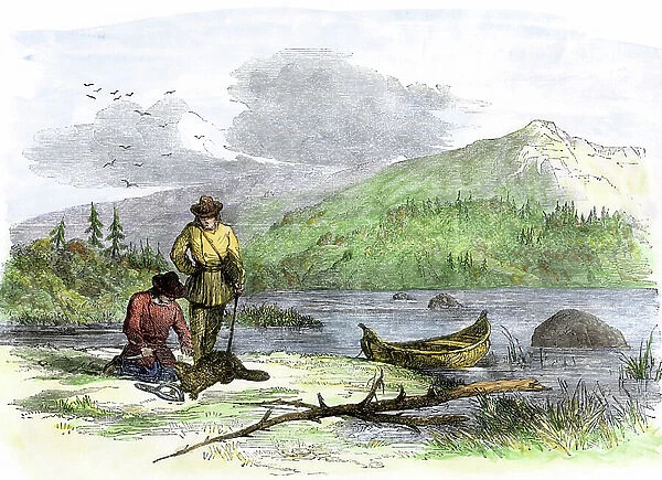 Trappers finding a beaver caught in one of their traps. Colouring engraving of the 19th century