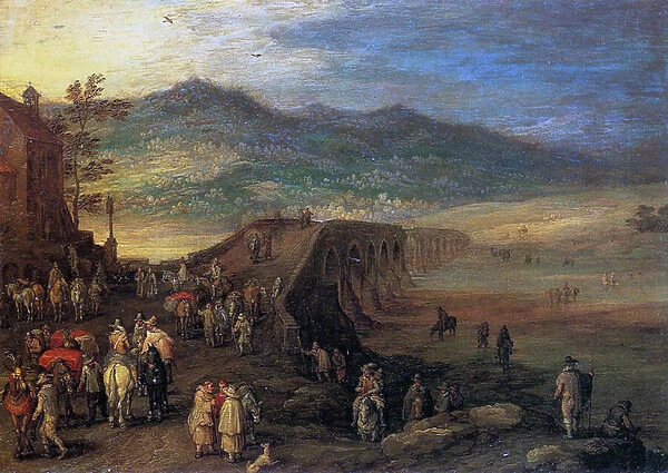 Travellers at the Bridge of Talavera, 1610 (oil on copper)