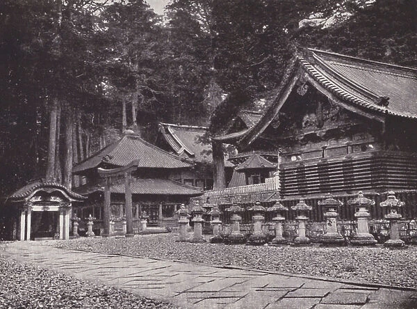 The treasury of the temple of Iyeyasu at Nikko, famous for its wood-carvings (b / w photo)