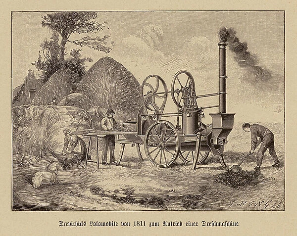 Trevithick's traction engine driving a threshing machine (litho)