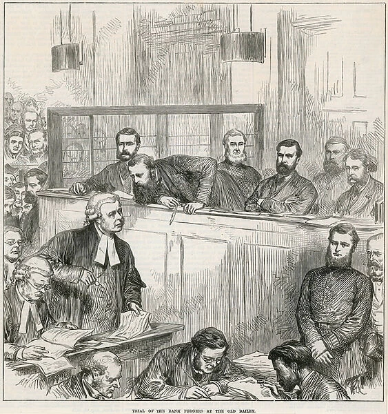 Trial of the Bank Forgers at the Old Bailey (engraving)