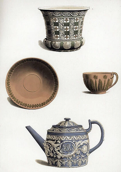 Tricolor flowerpot, cup and saucer with fern leaves, and teapot from the Bale service. Chromolithograph by W. Griggs from Frederick Rathone's Old Wedgwood, the Decorative or Artistic Ceramic Work Produced by Josiah Wedgwood, Quaritch, London, 1898