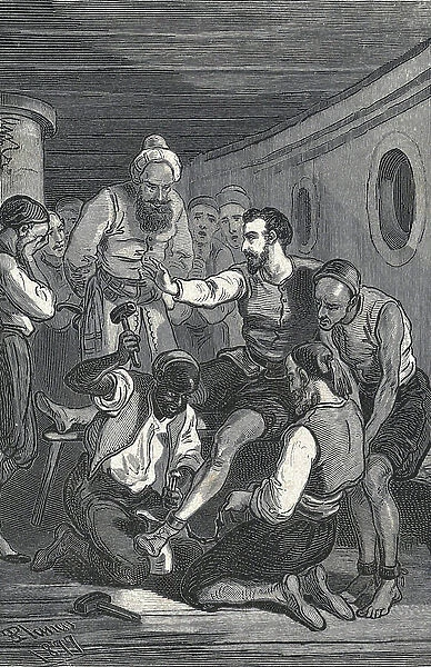 Trinidadians Fray Juan Gil and Fray Anton de la Bella released Cervantes from captivity in Algiers in 1580 (engraving)
