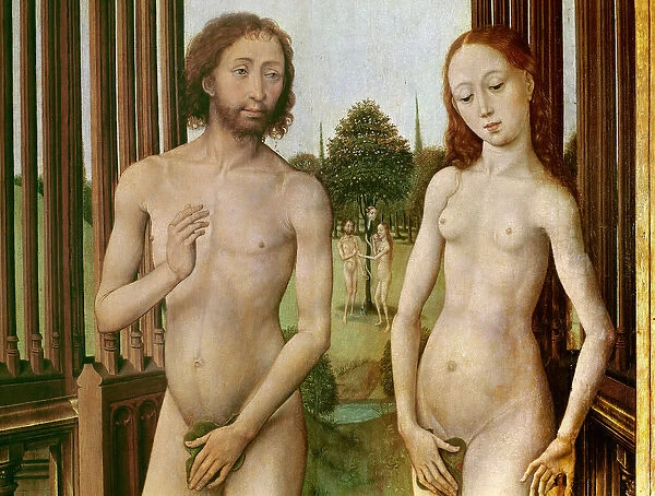 Triptych of the Redemption, left panel: Adam and Eve chased out of Paradise, 1455-59