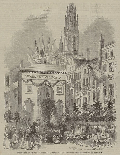 Triumphal Arch and Cathedral, Antwerp, Allegorical Representation of Belgium (engraving)