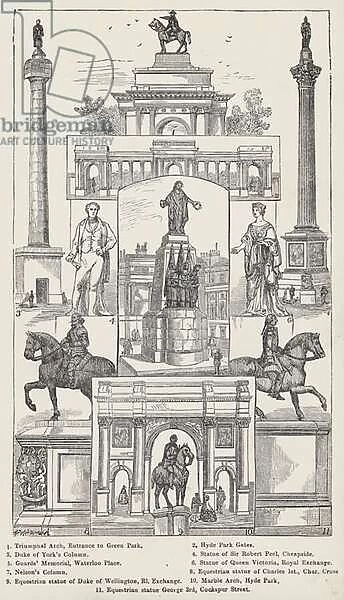 Triumphal Arch, Entrance to Green Park, Hyde Park Gates, Duke of Yorks Column, Statue of Sir Robert Peel, Cheapside, Guards Memorial, Waterloo Place, Statue of Queen Victoria, Royal Exchange, Nelsons Column