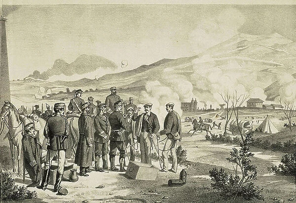 Troisieme guerre carliste (1872-1876) : bataille de Somorrostro au pays basque le 26 / 03 / 1874. Lithographie du 19eme siecle. Bibliotheque nationale, Madrid