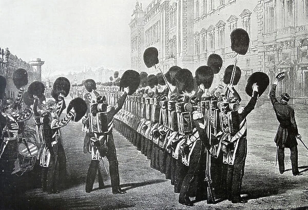 Troops departing for the Crimea cheering the Queen, 1854