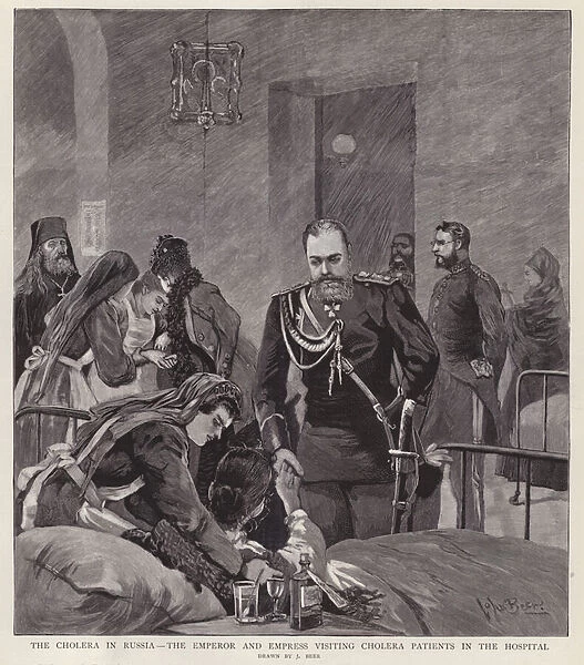 Tsar Alexander III and Tsarina Maria Feodorovna visiting patients in hospital during a cholera epidemic in Russia, 1892 (litho)