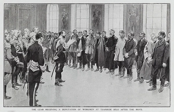 Tsar Nicholas II receiving a delegation of workers after riots in St Petersburg, 1905 (litho)