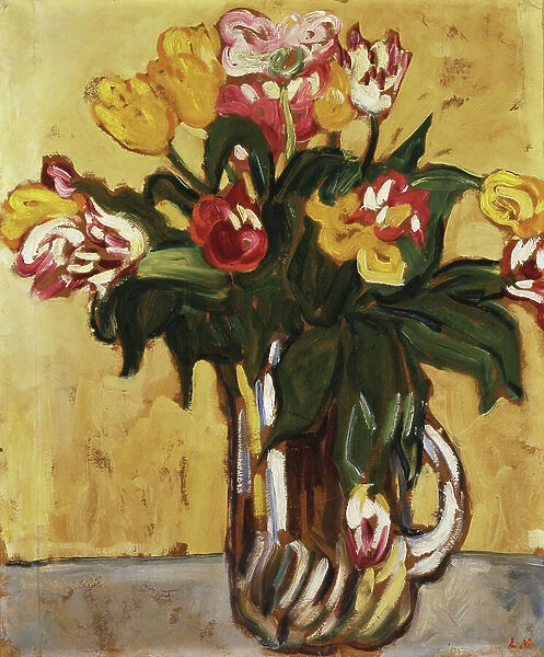 Tulips in a Glass Pitcher, 1910 (oil on paper laid down on canvas)