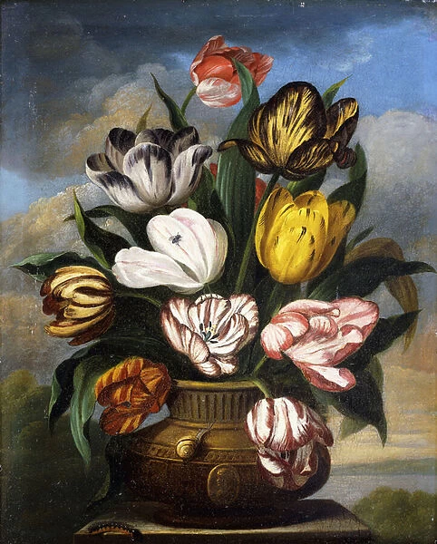 Tulips in a Vase, with a Caterpillar, a Snail, and a Fly, on a Plinth in a Landscape