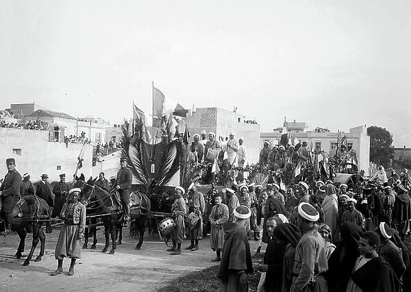 Tunisia, Bizerte (banzart): Fete de la mi-careme, chariot of the Tirailleurs, drummers and trumpets, 1910