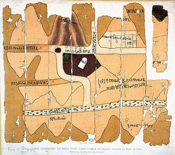 The Turin Papyrus, reproduction of an ancient Egyptian map of gold mines based