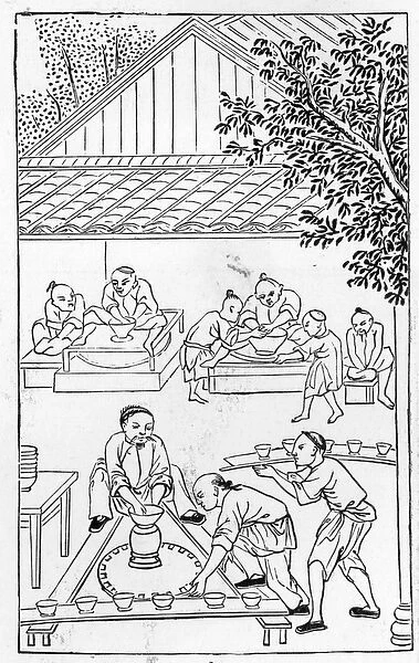 Turning cups, from a series of illustrations on the manufacture of china (litho