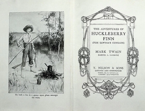 TWAIN, Samuel Langhorne Clemens, also called Mark (1835-1910). American author and humorist creator of 'Tom Sawyer'. Front page from the work by Mark Twain 'The Adventures of Huckleberry Finn'. Edition published in London in the late 19th c