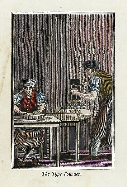 Type founders making metal type for a printing press near a furnace. Handcoloured woodcut engraving from The Book of English Trades and Library of the Useful Arts