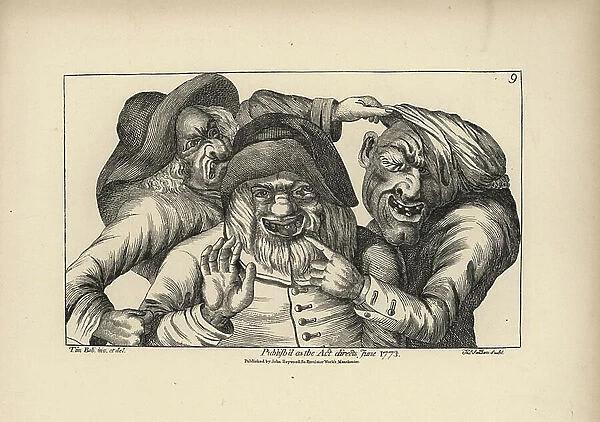 Three ugly country bumpkins in competition over their looks. Copperplate engraving by Thomas Sanders after a satirical illustration by Timothy Bobbin (John Collier) (1708-1786) from Human Passions Delineated, John Haywood, Manchester, 1773