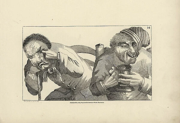 Two ugly rustics enjoying a tankard of beer. Copperplate engraving after a satirical illustration by Timothy Bobbin (John Collier) (1708-1786) from Human Passions Delineated, John Haywood, Manchester, 1773