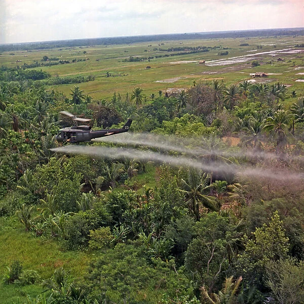 A UH-1D helicopter from the 336th Aviation Company sprays a defoliation agent on a dense