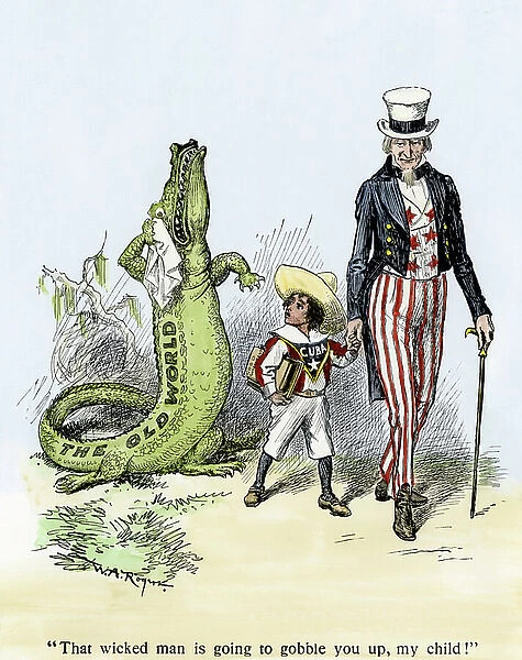 Uncle Sam leads the child Cuba away from the old world by saying, 'That wicked man is going to gobble you up, my child', and trains him into the new world of progress, 1901. Illustration of 1901