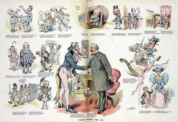 Uncle Sam and President Cleveland shaking hands, 1894