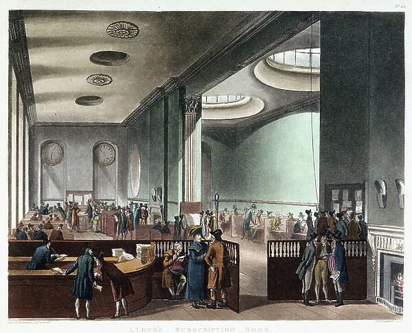 The underwriting room of Lloyd of London, an insurance company that began trading in Edward Lloyd's coffee shop (died 1713), in Tower Street in London, England, in the 17th century