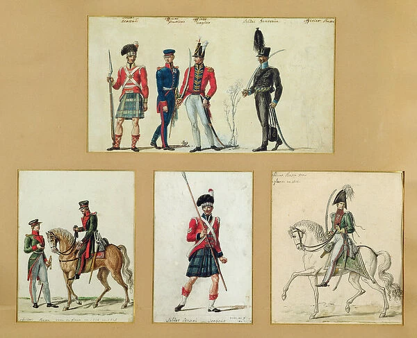 The uniforms of Scottish soldiers and Prussian, English, Hanoverian and Russian officers in 1814