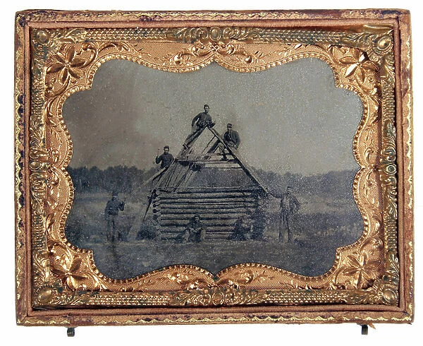 Union soldiers building winter cabin