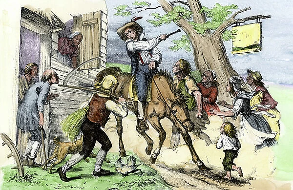 United States of America Independence War (1775-1783): a messenger (Paul Revere, 1735-1818) brings to settlers news of the Battle of Lexington Green, 1775. Colouring engraving of the 19th century