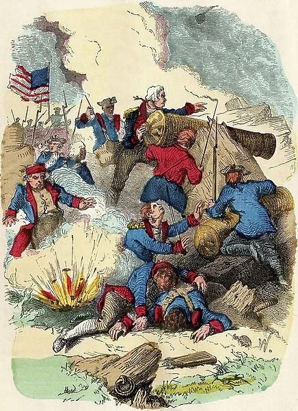 United States of America Independence War (1775-1783): American Garrison at Fort Mifflin at Delaware River, 1777. Colour engraving of the 19th century