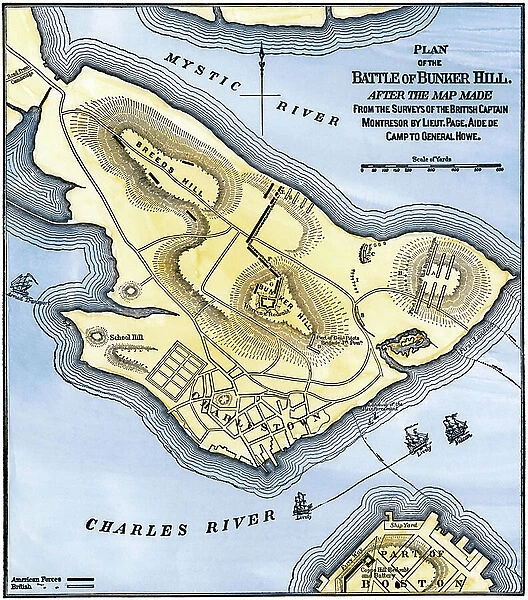 United States of America Independence War (1775-1783): Map of the Battle of Bunker Hill after an English map. Reproduction